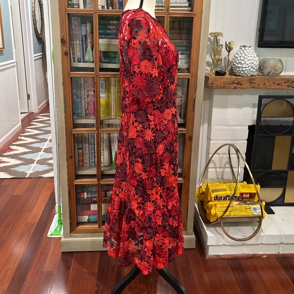 Anthropologie Eva Franco Brigitte Embroidered Red Lace Midi Dress, Size 10 - Picture 8 of 12